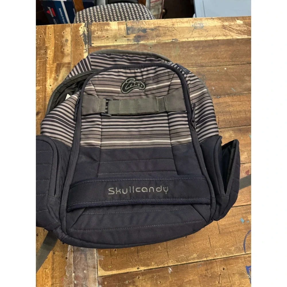 Skullcandy Backpack Black Grey Striped Multi Pocket School Travel Bag